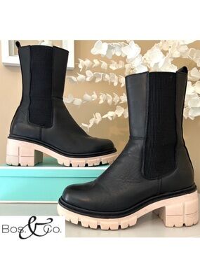 Bos&Co Brunas Black Mid-Calf Waterproof Leather Lug Sole Boot Size37/US6-6.5